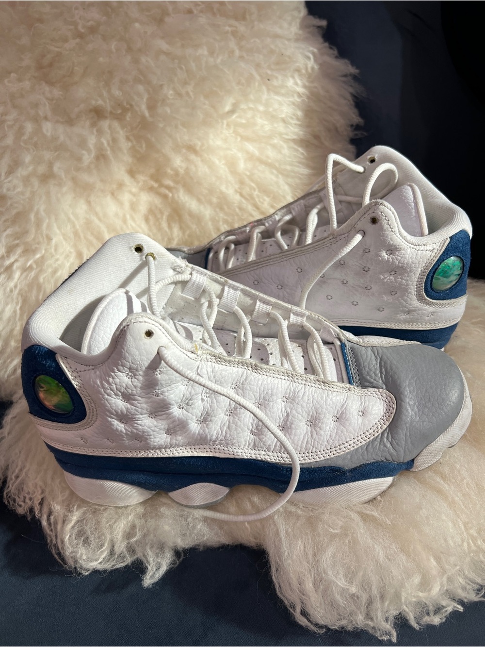 Jordan Kids White Navy and Gray Basketball Sneakers with Holographic Heel Dot